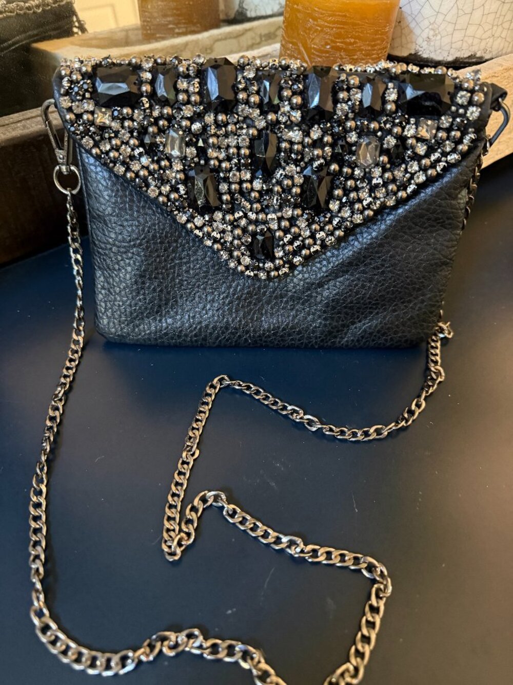 Black Genuine Leather Beaded Shoulder Bag